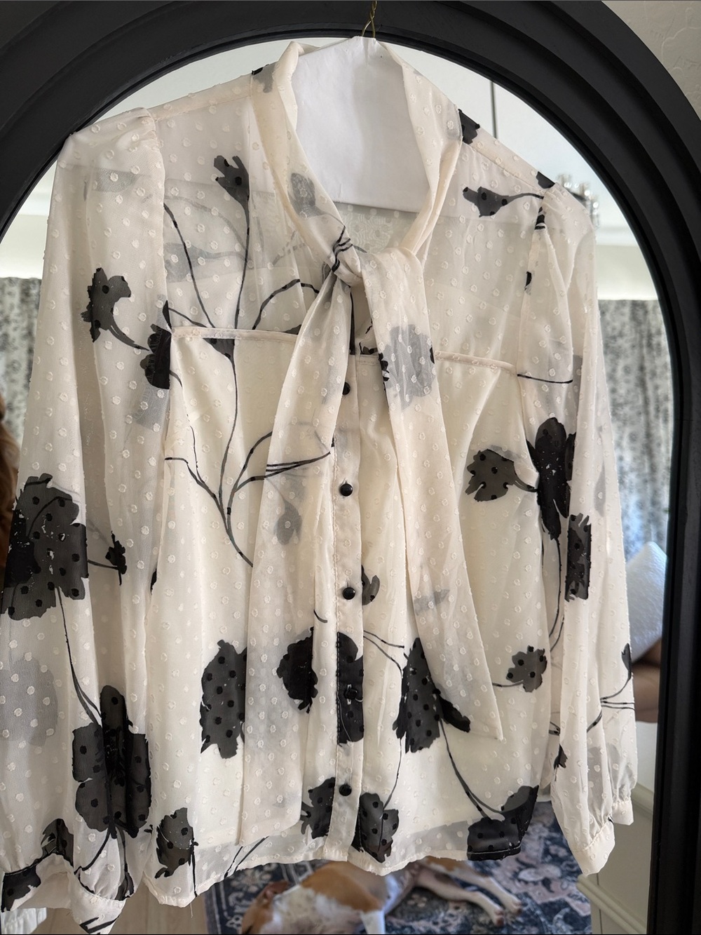 Monteau Ivory Sheer Dot Blouse with Black Floral Print